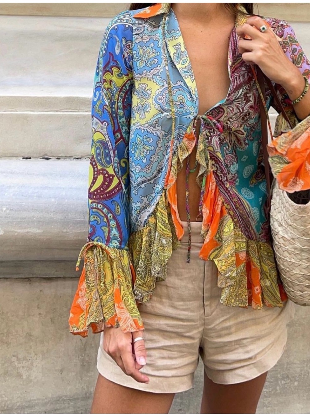 ZARA Boho Paisley Ruffle Tie-Front Top in Multi-Color
